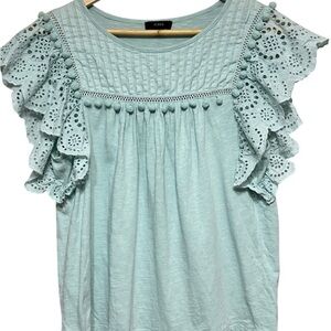 J. Crew Aqua Eyelet Ruffle Pom Pom  Blouse